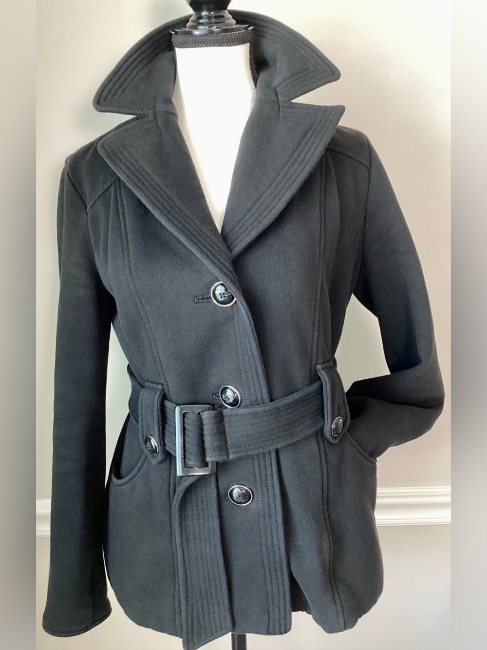Kenneth Cole Reaction Black Wool Blend Belted Trench Peacoat Jacket Small